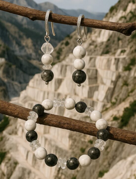 Dabīgo pērļu rotu komplekts "Itālijas Marmora Kalnu Aura"